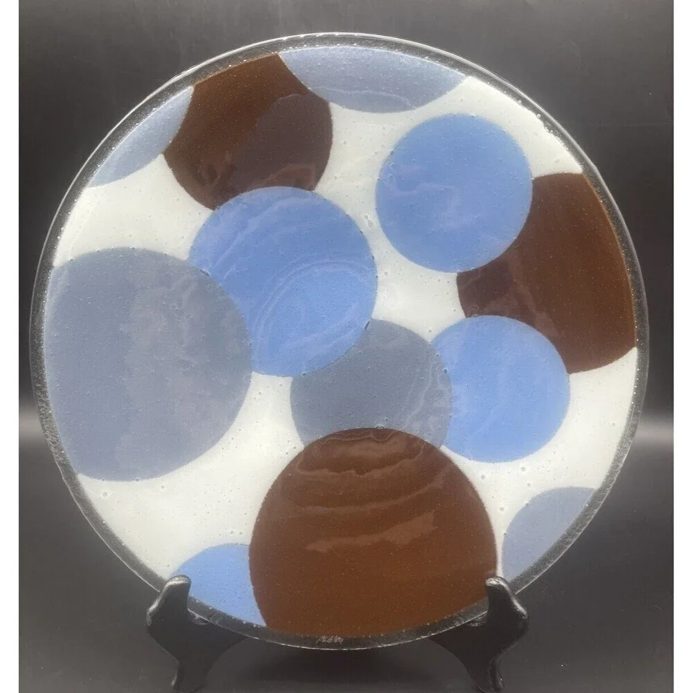 Fused Art Glass Modern Round BLUE GRAY WHITE‎ BROWN Platter 13.75” Signed